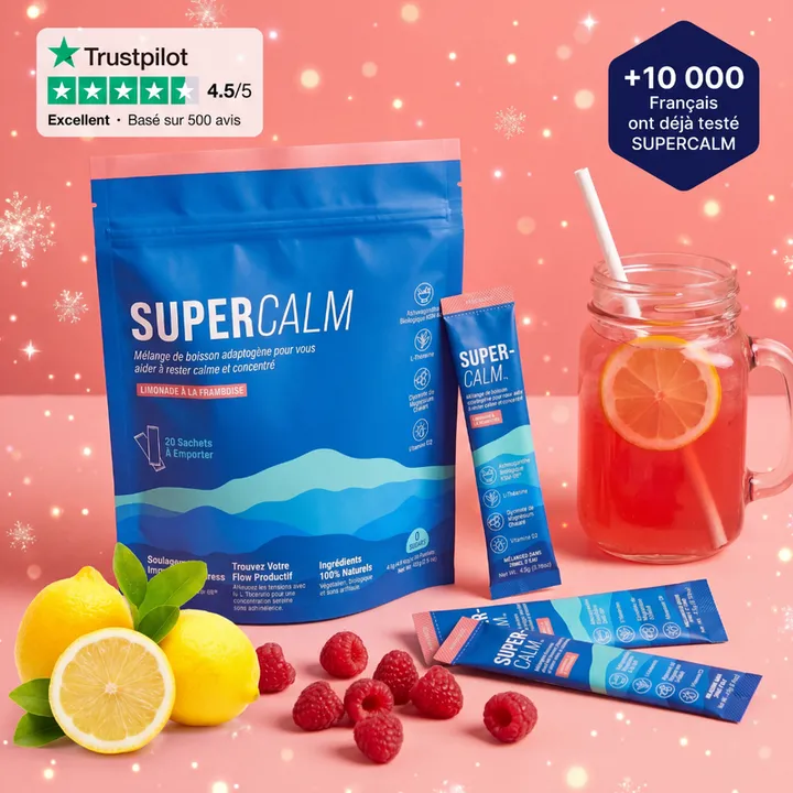 Pochette et sticks Supercalm avec un verre de limonade à la framboise, citrons et framboises